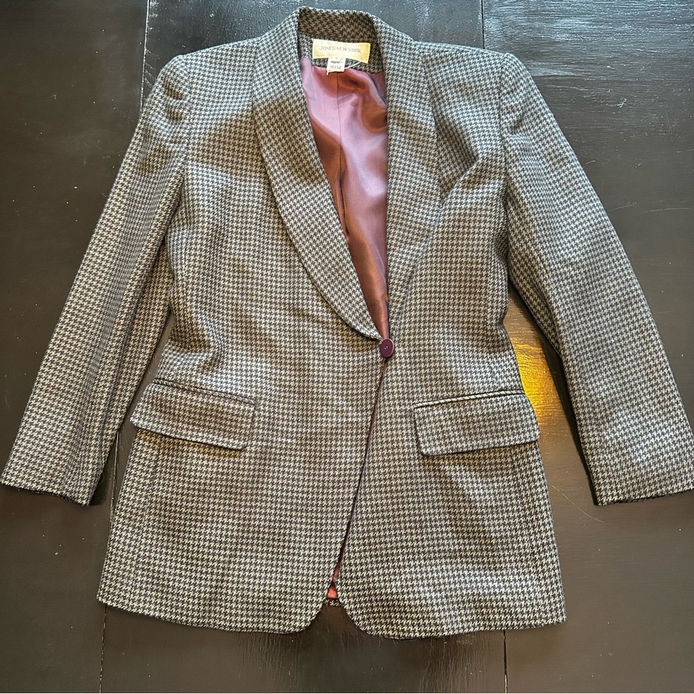 Vintages Wool Jones New York Size 4 Hounds Tooth Green Black Olive Fall Blazer